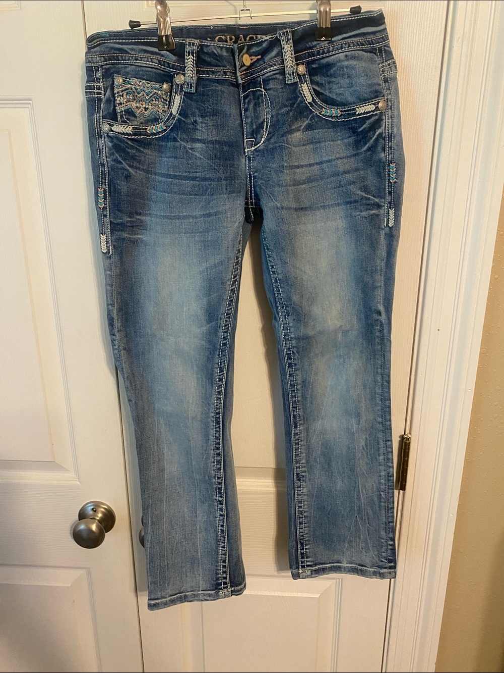 Grace in LA Light Blue Capri pants  with Embroidered Pocket Accents